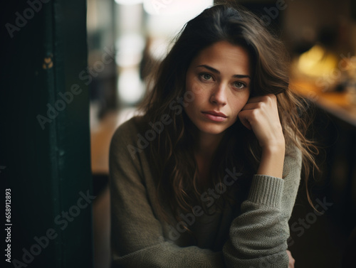 Portrait of beautiful young woman in cafe thinking about something 