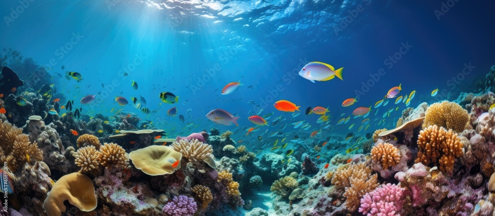 wild marine life in the Red Sea including fish and coral With copyspace for text