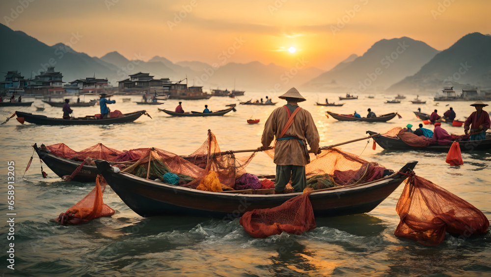 Fisherman on the beach with fishing nets at sunrise in Vietnam