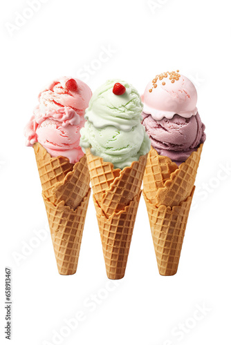 an Ice cream cones with different flavors isolated on a transparent white background