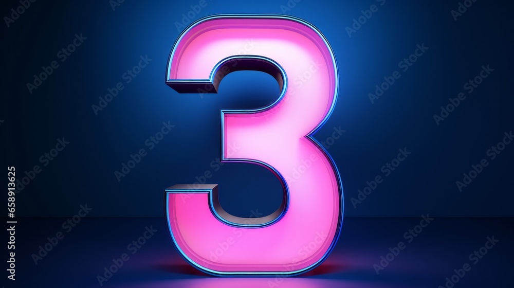 In this 3D rendering, you can see the number three illuminated by a gradient neon light, casting a pink and blue glow in the dark. In this 3D rendering, you can see the number three illuminated by a gradient neon light, casting a pink and blue glow in the dark.