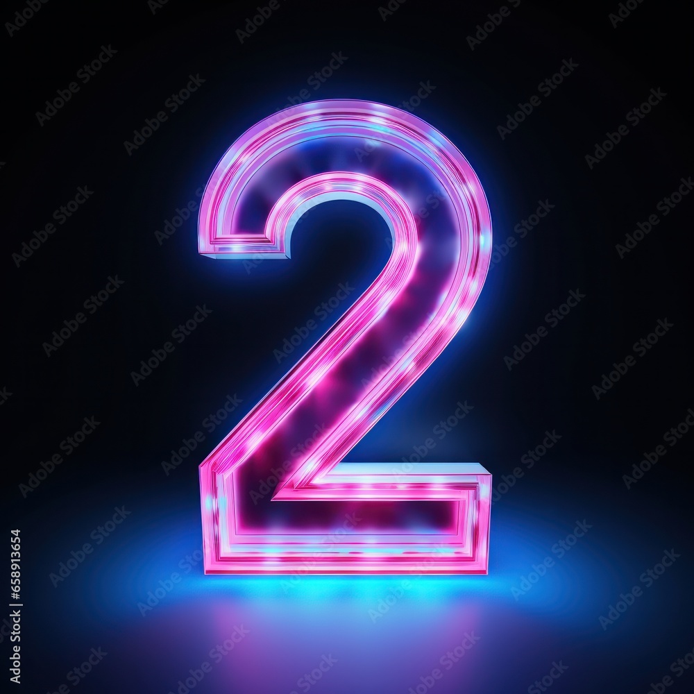 In this 3D rendering, you can see the number two illuminated by a gradient neon light, casting a pink and blue glow in the dark. In this 3D rendering, you can see the number two illuminated by a gradient neon light, casting a pink and blue glow in the dark.