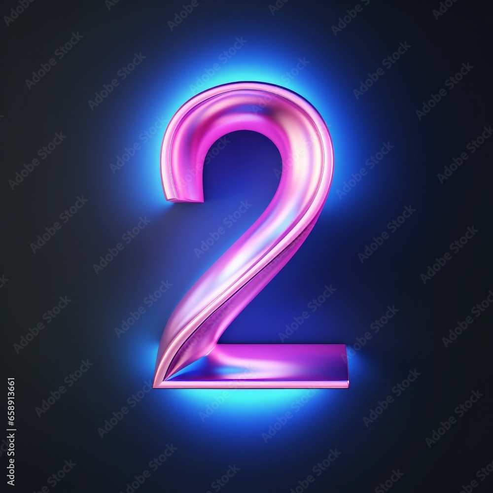 In this 3D rendering, you can see the number two illuminated by a gradient neon light, casting a pink and blue glow in the dark. In this 3D rendering, you can see the number two illuminated by a gradient neon light, casting a pink and blue glow in the dark.