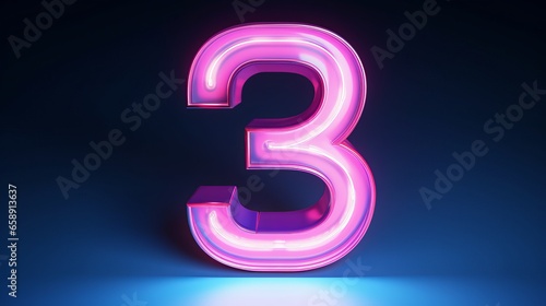 In this 3D rendering, you can see the number three illuminated by a gradient neon light, casting a pink and blue glow in the dark.
