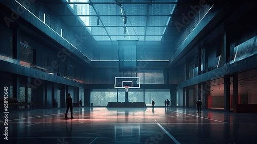 A cinematic and realistic high-ceiling basketball court photo