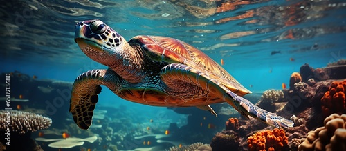 Turtle with group of colorful fish and sea animals with colorful coral underwater © Mas