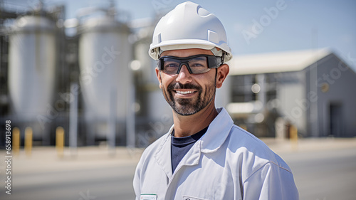 Portrait of rich Arabian businessman standing in front of the oil refinery power plant background. People and business industry concept.