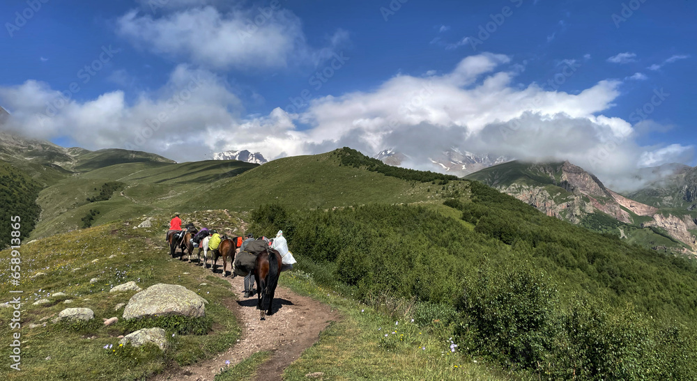 Pferde als Lastentiere tragen das Gepäck einer Trekkingtour in den Bergen bei Stepanzminda, Kaukasus, Kasbek, Mzcheta-Mtianeti, Georgien