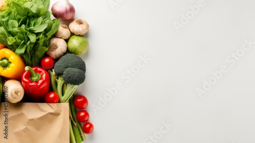 A background highlighting the delivery of healthy food, featuring a paper bag filled with a variety of fresh vegetables and fruits against a white backdrop. This image conveys the concept of shopping  © Chingiz