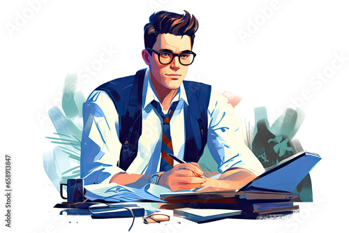 Illustration of a man with glasses, wearing navy and white, sits at his desk working. Office worker, teacher, accountant, white collar worker