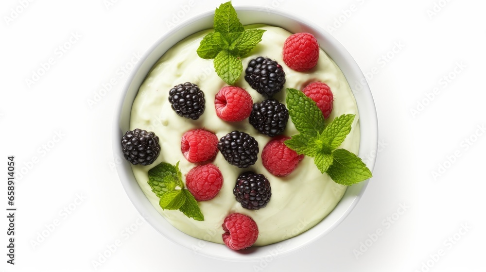 In the center of a white background, there's a green bowl filled with Greek yogurt and an assortment of fresh berries. The view is from the top, creating an appealing composition of healthy In the center of a white background, there's a green bowl filled with Greek yogurt and an assortment of fresh berries. The view is from the top, creating an appealing composition of healthy