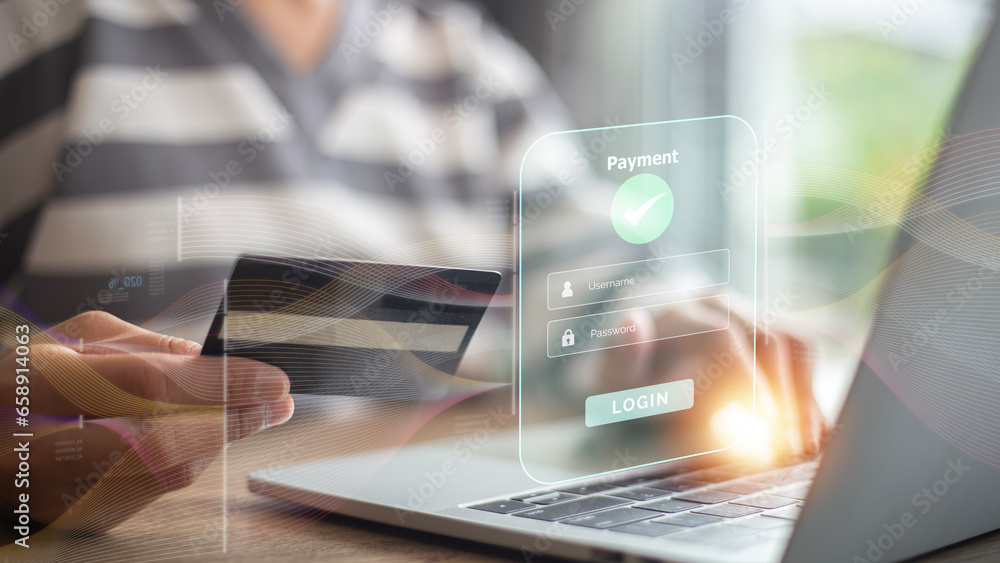Mobile banking network, online payment, digital marketing. Business people using laptops with credit cards on virtual screen , business technology Mobile banking network, online payment, digital marketing. Business people using laptops with credit cards on virtual screen , business technology