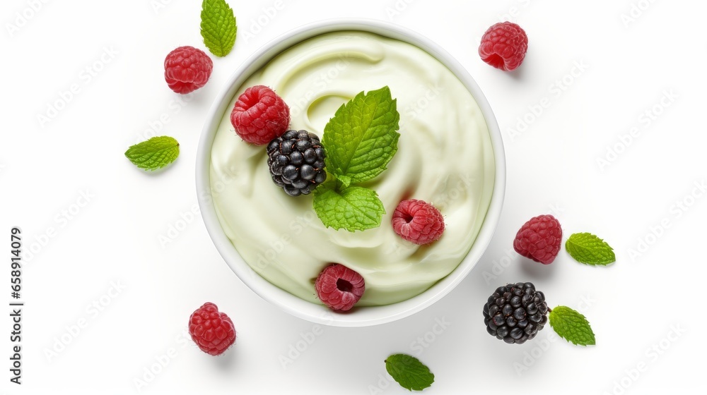 In the center of a white background, there's a green bowl filled with Greek yogurt and an assortment of fresh berries. The view is from the top, creating an appealing composition of healthy In the center of a white background, there's a green bowl filled with Greek yogurt and an assortment of fresh berries. The view is from the top, creating an appealing composition of healthy