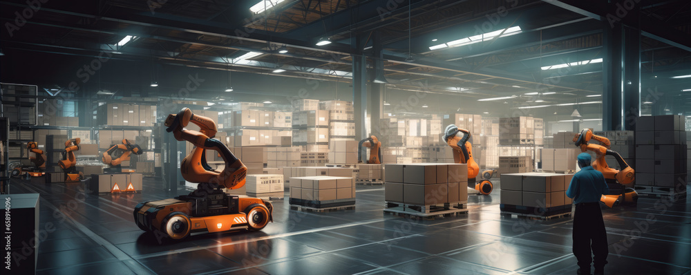 Automated smart Robotic Arms In Modern Warehouse. Stock Photo | Adobe Stock