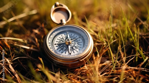 A round-shaped vintage compass, ideal for camping and hiking, accompanied by a mini fire steel and striker, all neatly arranged on dry grass under the bright sunlight.