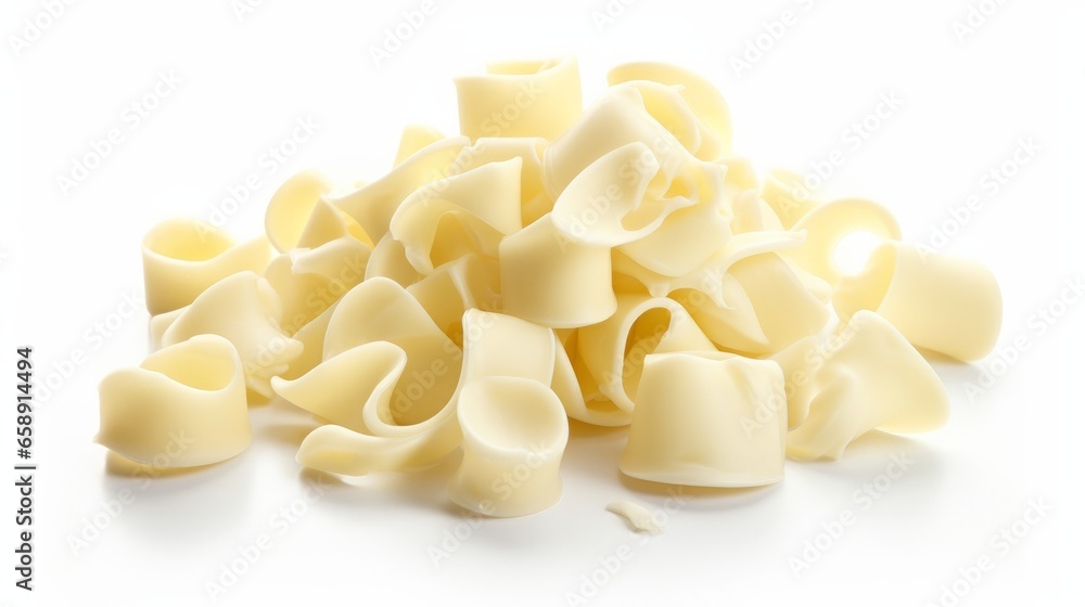 White chocolate pieces and curls isolated on white background White chocolate pieces and curls isolated on white background