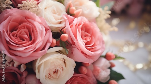 This close-up image showcases a stunning bridal bouquet composed of beautifully arranged roses  peonies  and various decorative plants. The photograph is taken with selective focus