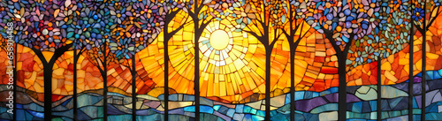 Spectacular autumn season abstract pattern in mosaic glass background features with orange forest landscape and sky.