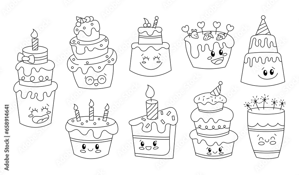 Cute cake character. Coloring Page. Happy birthday party. Funny cartoon dessert. Vector drawing. Collection of design elements.