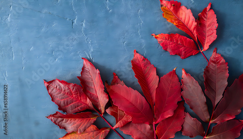 red autumn leaves, Seasonal Inspiration: Colored Red Leaves on Blue Slate, AI Generated
