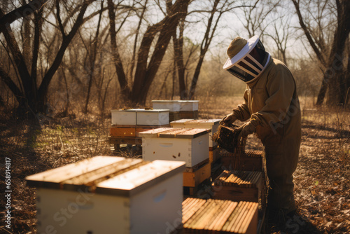 beekeeper working with many bee hives in garden. Beekeepers concept.