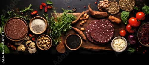 Plant based vegetarian meat products arranged on a wooden table for a plant based diet With copyspace for text