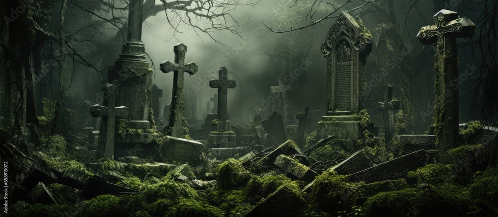 Overgrown cemetery with dark Celtic cross tombstones With copyspace for text - obrazy, fototapety, plakaty 