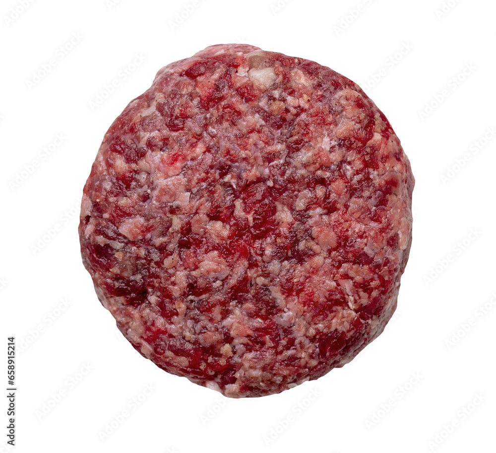 Raw beef burger, cutlet isolated on white, top view, clipping path, PNG Raw beef burger, cutlet isolated on white, top view, clipping path, PNG