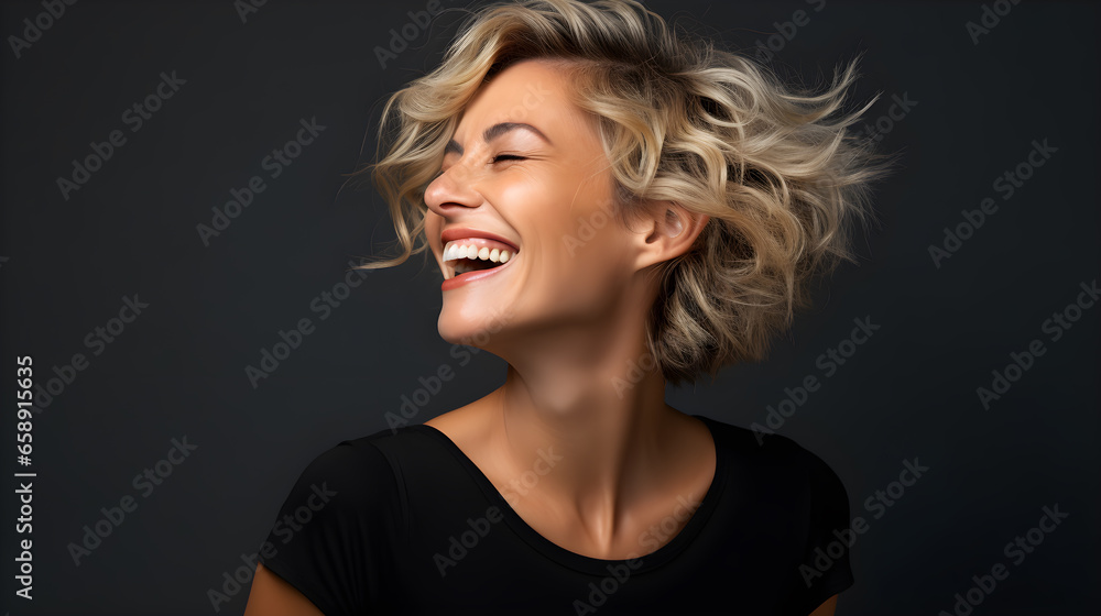 Edgy and confident Caucasian woman in her 40s with blonde hair, showcasing modern style. Studio shot. Edgy and confident Caucasian woman in her 40s with blonde hair, showcasing modern style. Studio shot.