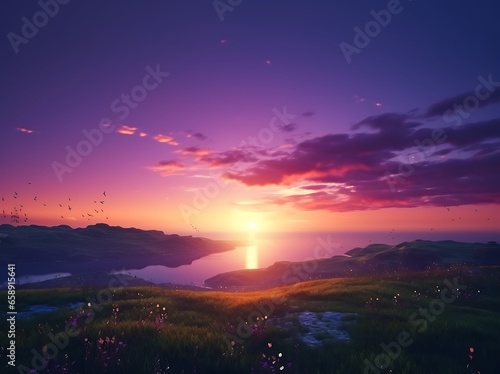 Beautiful sunset in the mountains. Nature composition. 3d render