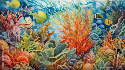 Underwater landscape with coral reef, colorful tropical fish and algae. Mixed media poster. © milicenta