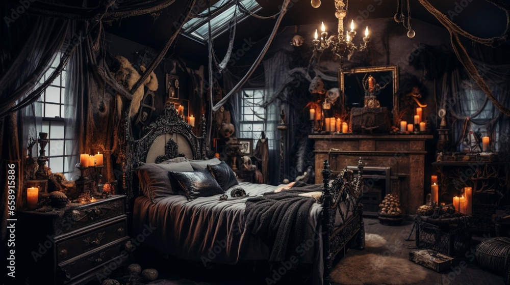 Chilling Halloween Atmosphere in a Haunted Bedroom,generated by IA