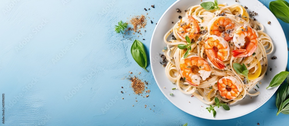 Seafood spaghetti with creamy sauce Mediterranean style prawns macro view blue table Italian cuisine With copyspace for text - obrazy, fototapety, plakaty 