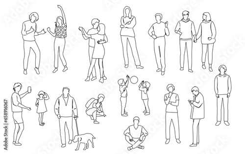 Silhouettes men  women  teenagers and children standing  walking  sitting  with dog  linear sketch   black color  vector  group rest people  students  design concept of flat icon  isolated on white 