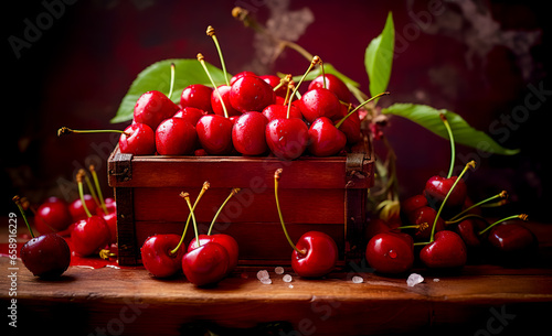 Fresh cherries in bowl on wood table. fresh ripe cherries. sweet cherries.