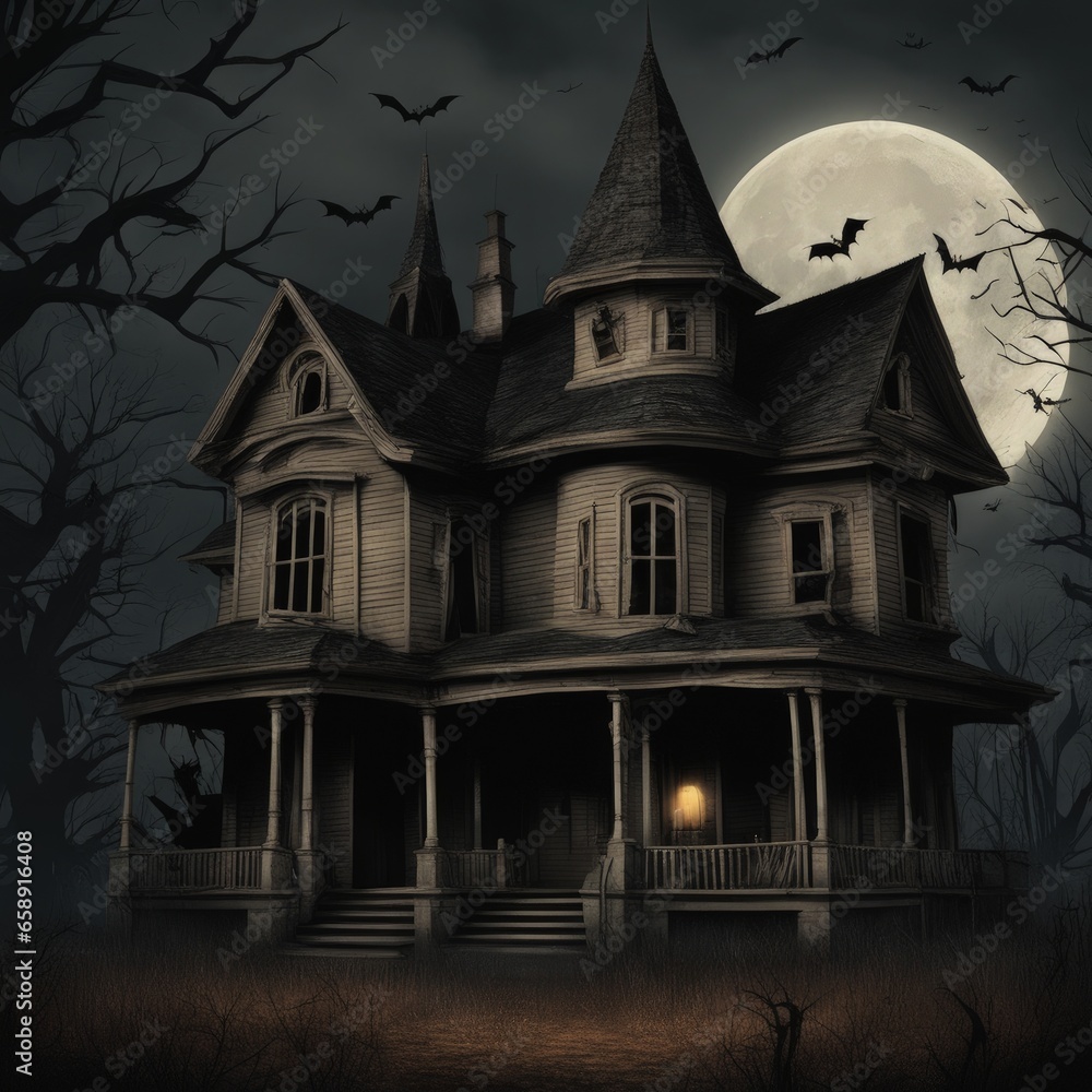 haunted house with scary Pumpkin, small town on Halloween night, Halloween Party house Generative AI