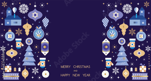 Merry Christmas and Happy New Year 2024  holiday template design banner, poster, card, cover Gifts, Santa, ball toy, christmas tree, snowflake  Modern Xmas flat cartoon cute vector illustration