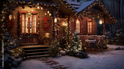 Wooden cottage decorated with Christmas lights.