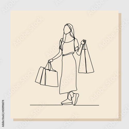 Continuous line drawing art of happiness woman holding paper shopping bags. Vector illustration single one line of shopper big sale consumerism concept