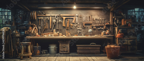 Workshop scene. Old tools hanging on wall in workshop.