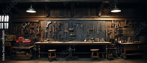 Workshop scene. Old tools hanging on wall in workshop.