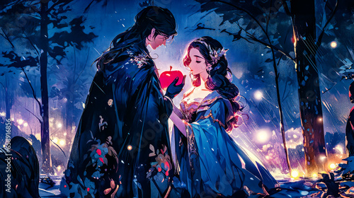  fairy tale cartoon a prince giving an apple to snow white in a snowy forest