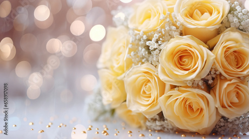 Yellow roses bouquet and pearls, champagne on abstract