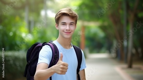 Happy guy showing thumb up gesture and smiling outdoor