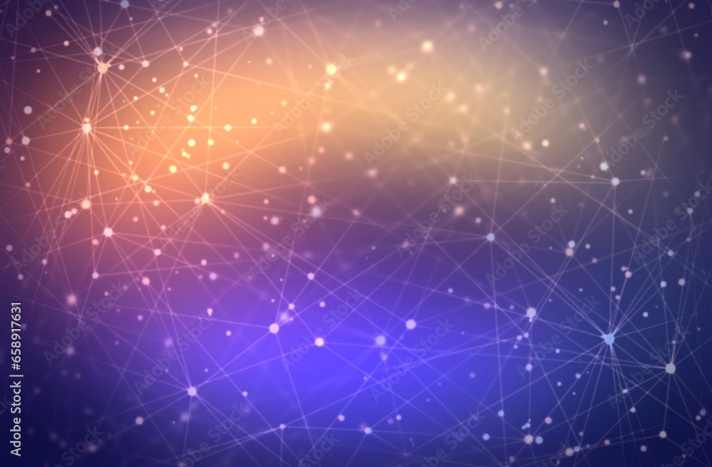 Fototapeta premium Glittering network polygonal structure on dark violet yellow glowing background. Web abstract defocused texture for astronomy decoration.