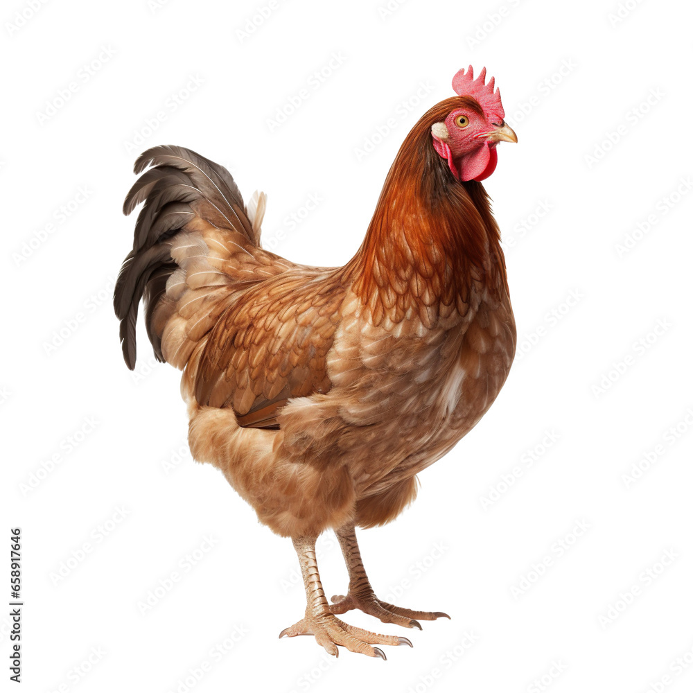 Full body of brown chicken hen standing isolated white background