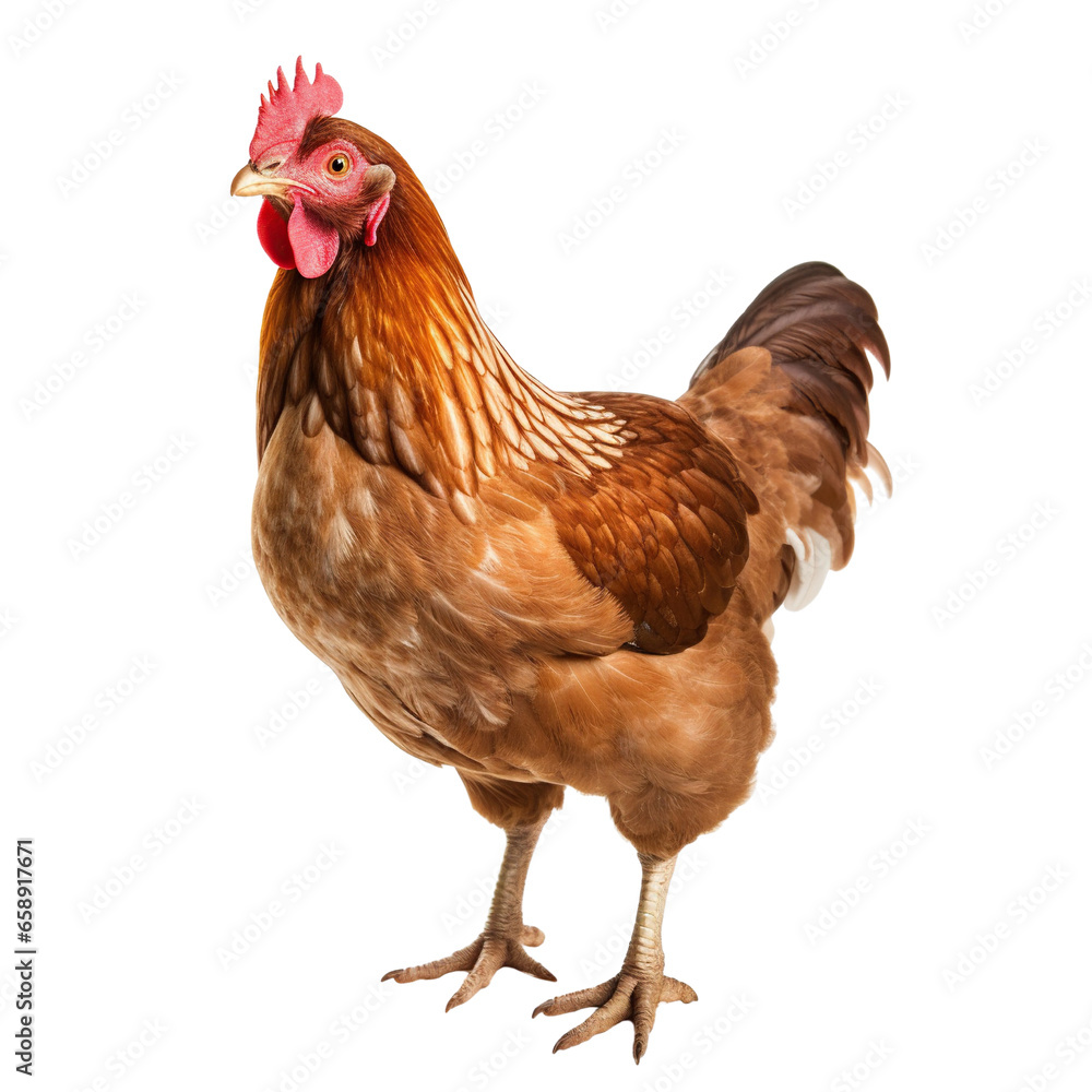 Full body of brown chicken standing isolated white background