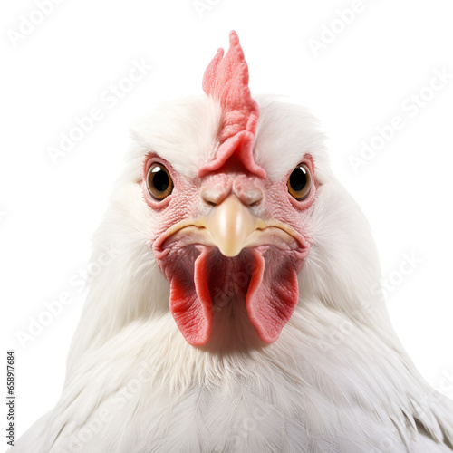 Portrait of a funny white chicken, closeup, isolated on white background