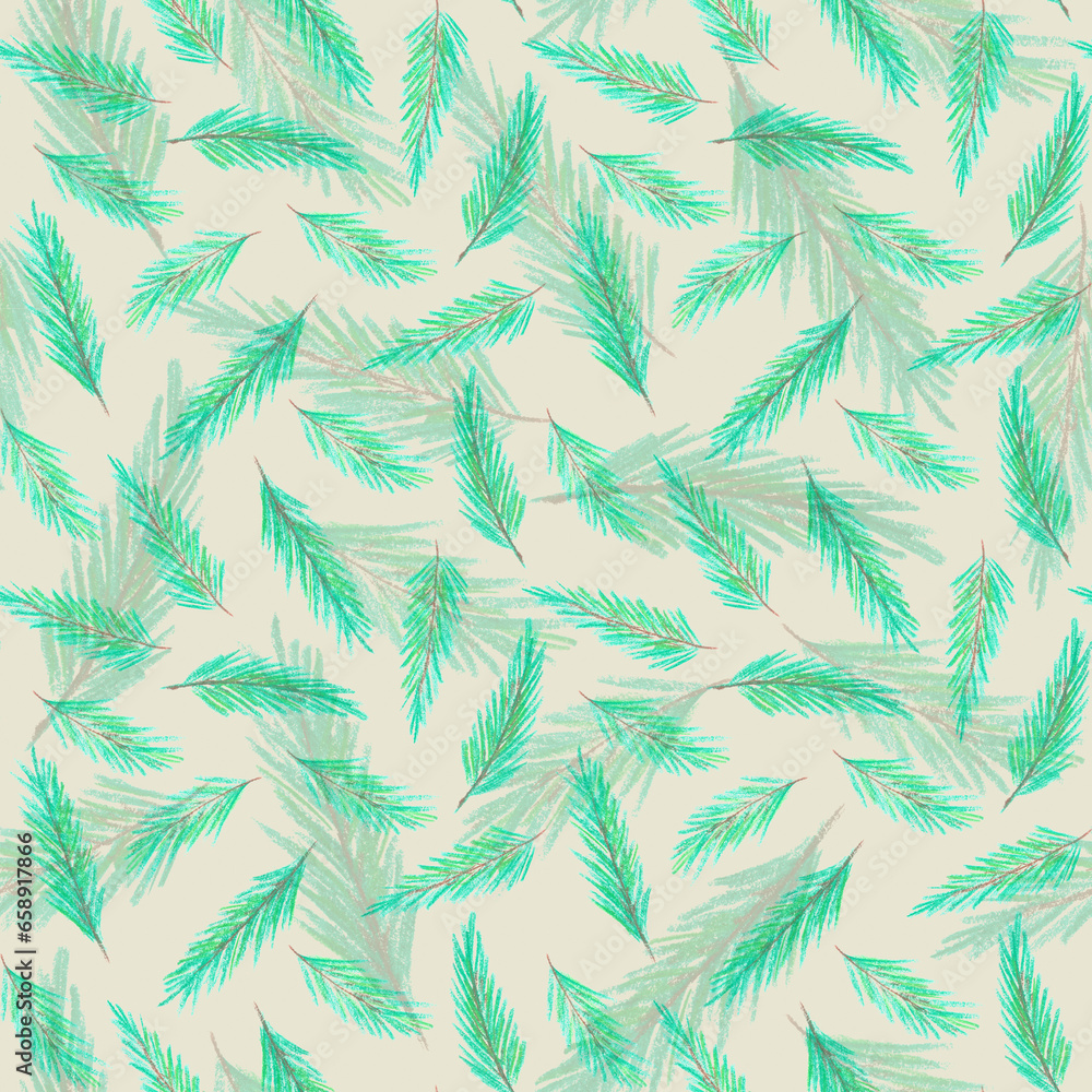 Hand drawn seamless pattern with pastel chalk green fir branches as christmas noel new year background on beige. Hand drawn seamless pattern with pastel chalk green fir branches as christmas noel new year background on beige.