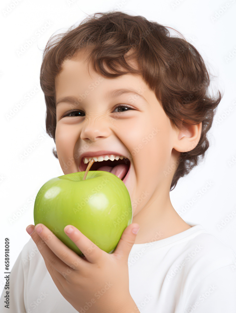happy Child with ideal teeth eating green apple. Little Handsome Boy with Health food. advertising of dentistry and healthy lifestyle happy Child with ideal teeth eating green apple. Little Handsome Boy with Health food. advertising of dentistry and healthy lifestyle